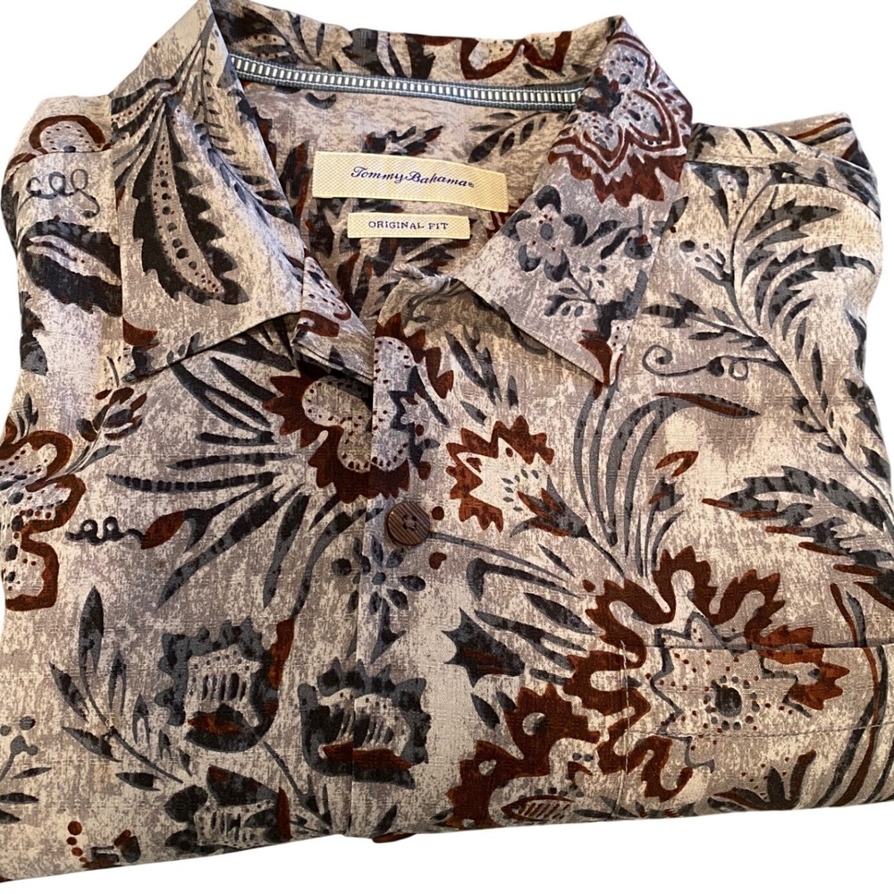 Tommy Bahama Mens Large 100% Silk Floral Button Down Shirt Gray Original Fit